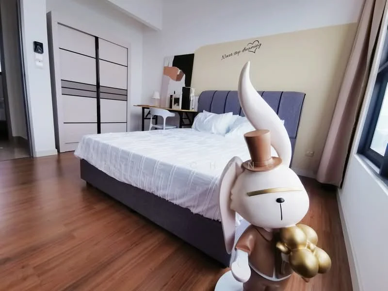 Bedroom features: king-size bed with grey upholstered headboard, white bedding, wooden flooring, decorative statue of a rabbit, wall-mounted artwork, built-in wardrobe with sliding doors, desk with chair, large window with natural light; style: modern.