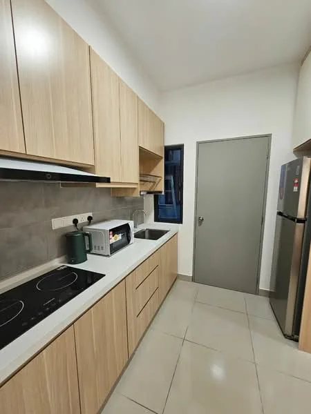 Kitchen features: light wood cabinetry, white countertop, built-in electric cooktop, built-in oven, stainless-steel fridge, microwave, kettle, grey tiled backsplash, grey tiled flooring, single-bowl stainless-steel sink, wall-mounted cabinets, open shelving, window with view to exterior, door leading to hallway; style: modern.