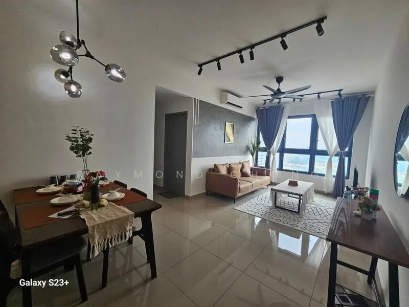 Living features: grey accent wall, white painted walls, polished ceramic tile flooring, 5-blade ceiling fan with light, recessed LED downlights, floor-to-ceiling windows, curtains in blue, 3-seater fabric sofa in beige, coffee table, area rug with geometric pattern, dining table for 4, decorative plant in vase; style: modern; view: city.