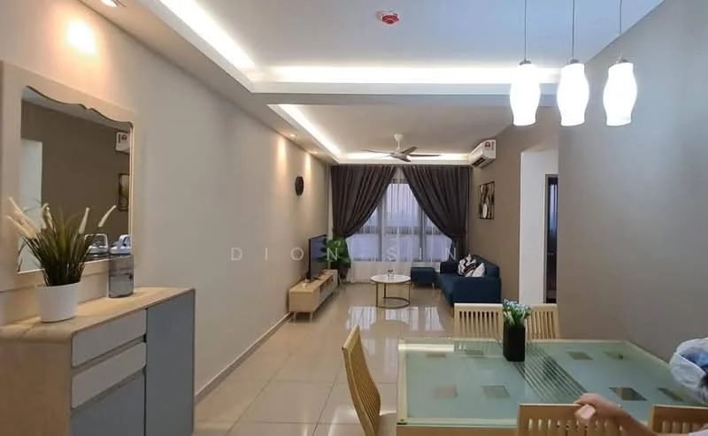 Living features: grey painted walls, glossy tile flooring, recessed ceiling lights, 5-blade ceiling fan with light, floor-to-ceiling windows with sheer curtains, blue fabric sofa, coffee table, wall-mounted TV, decorative wall art, area rug, side table, plant in ceramic pot; style: modern. Dining features: dining table with glass top, wooden dining chairs, decorative mirror, sideboard, pendant lighting; style: modern.
