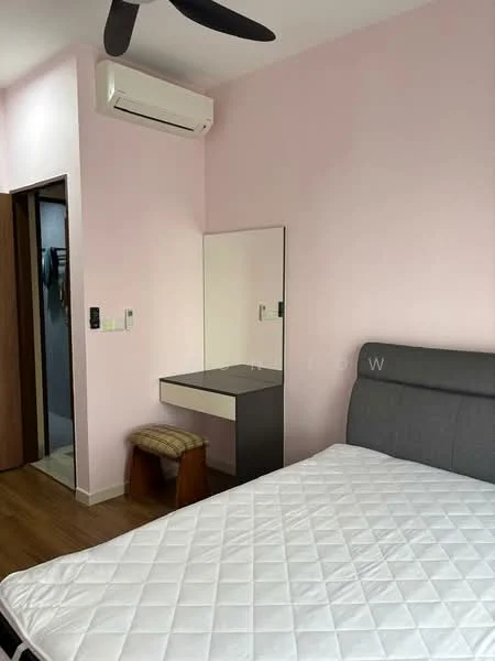 Bedroom features: pink painted walls, wooden flooring, queen-size bed, upholstered headboard, ceiling fan, wall-mounted split AC, mirror on dressing table, dressing table with stool, built-in wardrobe; style: modern.