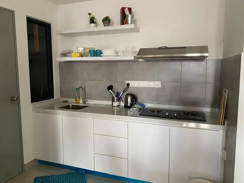 Kitchen features: white cabinetry, stainless-steel sink, chrome pull-down faucet, grey tiled backsplash, built-in stove with two burners, stainless-steel range hood, open shelving, kettle, dishware on shelves, blue mat on floor, window with black frame; style: modern.