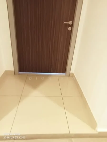 Room features: brown wooden door, white painted walls, glossy beige tile flooring.