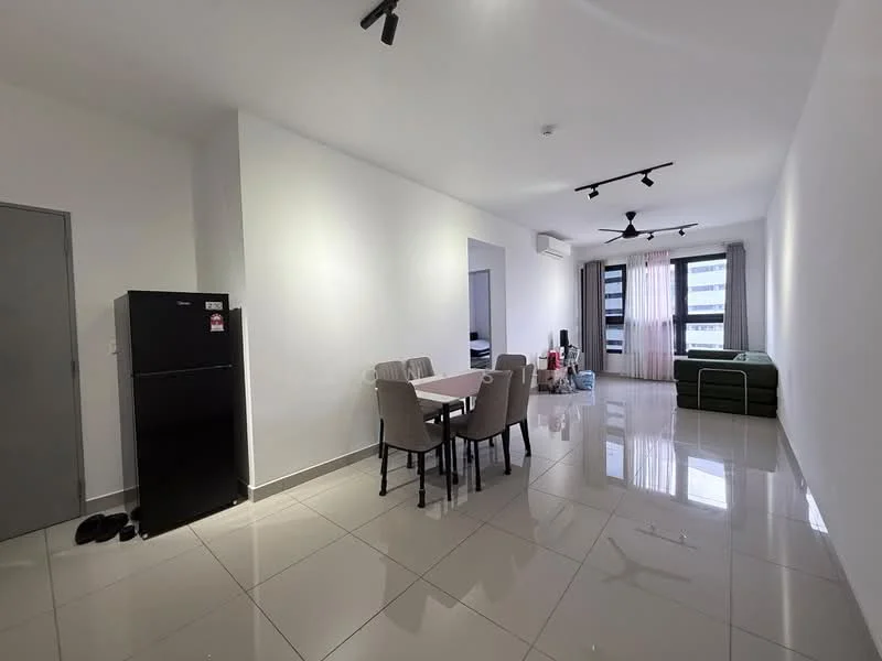 Living features: white painted walls, glossy ceramic tile flooring, recessed downlights, 5-blade ceiling fan, dining table with 4 chairs, black fridge, large windows with sheer curtains, sofa, air conditioning unit; style: modern; view: city.