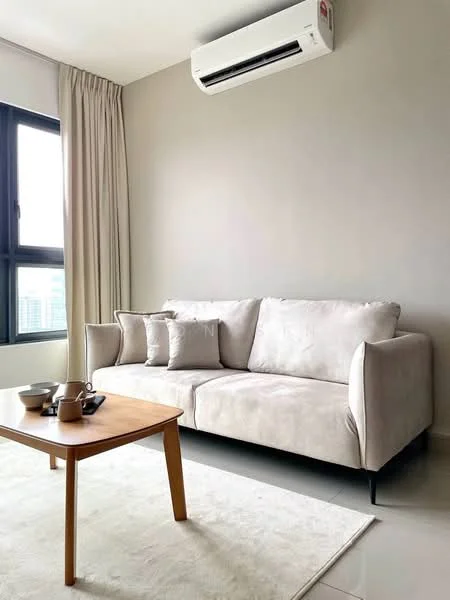 Living features: light grey fabric sofa, 3-seater sofa, wooden coffee table, decorative cushions, wall-mounted split AC, floor-to-ceiling window, sheer curtains, light-colored area rug, neutral painted walls, minimalist decor; style: modern; view: city.