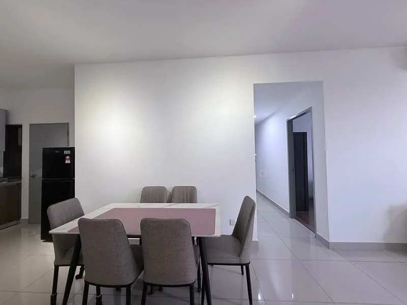 Dining features: 6-seater dining table with pink tabletop, upholstered dining chairs in grey, white painted walls, glossy tile flooring, recessed downlights, doorway leading to hallway, open layout to kitchen, natural light from adjacent room; style: modern. Room features: white painted walls, glossy tile flooring, doorway leading to kitchen, doorway leading to hallway.