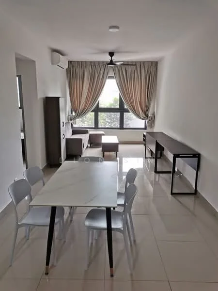 Dining features: marble dining table, 4 dining chairs, white walls, light grey tiled flooring, 5-blade ceiling fan with light, floor-to-ceiling windows, sheer curtains, sofa in background, wooden console table, air conditioning unit; style: modern; view: garden.
