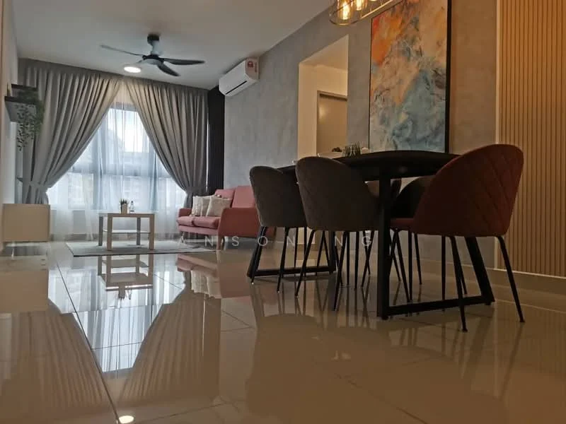 Living features: 3-seater fabric sofa in pink, 4 dining chairs with quilted upholstery, dining table, floor-to-ceiling windows with sheer curtains, recessed downlights, pendant lighting above dining table, polished tile flooring, decorative wall art, air conditioning unit, grey accent wall, light grey painted walls, plant in ceramic pot; style: modern.