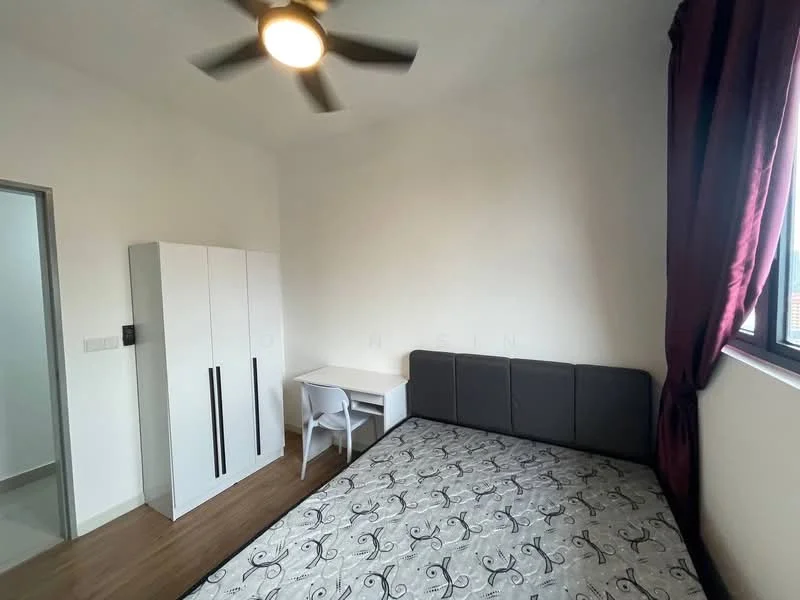 Bedroom features: queen-size bed, upholstered headboard, white bedding with patterned design, white wardrobe with sliding doors, study desk with chair, ceiling fan, wooden flooring, red curtains, window with view, light-colored walls; style: modern.