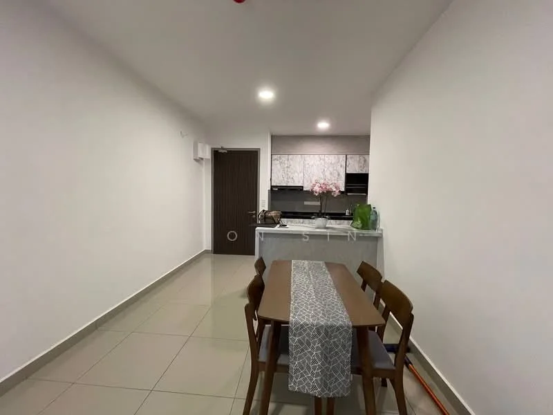 Dining features: dining table with four wooden chairs, grey table runner, white painted walls, tile flooring, recessed downlights, kitchen area visible in background, marble countertop, kitchen cabinetry, greenery on countertop; style: modern.