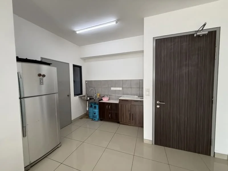 Kitchen features: stainless-steel fridge, single-bowl stainless-steel sink, chrome pull-down faucet, grey tiled backsplash, brown wooden cabinetry, countertop with space for appliances, tile flooring, fluorescent ceiling lights, window with black frame, gas cylinder, pink basin; style: modern.