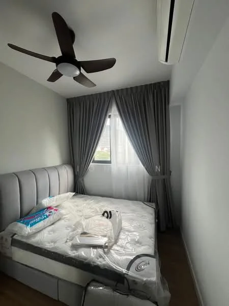 Bedroom features: queen-size bed, upholstered headboard, 5-blade ceiling fan, floor-to-ceiling window, sheer curtains, grey painted walls, wooden flooring, decorative throw pillows; style: modern.