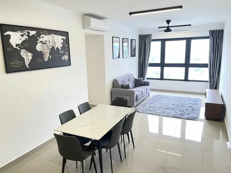 Living features: grey fabric sofa, 3-seater sofa, coffee table, area rug, floor-to-ceiling windows, curtains, ceiling fan with light, wall-mounted air conditioning unit, decorative wall art, TV console, light-colored walls, glossy tile flooring; style: modern; view: city. Dining features: white marble dining table, 4 black dining chairs, light-colored walls, glossy tile flooring; style: modern.