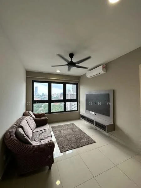 Living features: 3-seater fabric sofa in brown, ceiling fan with light, wall-mounted TV, TV console, area rug with solid pattern, large windows with city view, cream painted walls, glossy tile flooring, recessed downlights, air conditioning unit; style: modern; view: city.