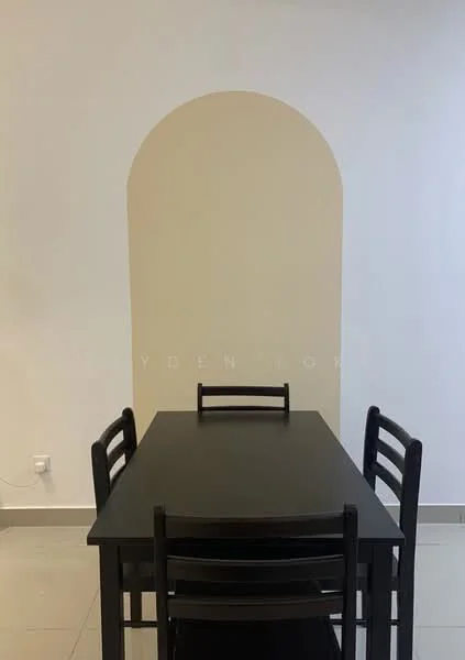 Dining features: black dining table, 4 black dining chairs, white painted walls, grey tile flooring, arched wall feature, minimalist decor; style: modern.