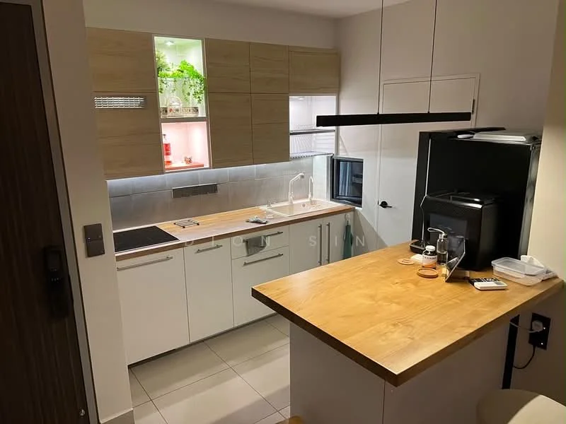 Kitchen features: wood countertop, white cabinetry, light wood upper cabinets, built-in oven, stainless-steel sink, chrome pull-down faucet, induction cooktop, refrigerator, under-cabinet lighting, open shelving with plants, bar seating area, tile backsplash, ceramic tile flooring, recessed lighting; style: modern.