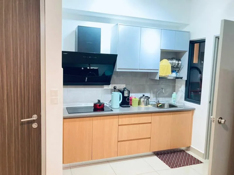 Kitchen features: light wood cabinetry, grey upper cabinets, stainless-steel sink, chrome pull-down faucet, black glass cooktop, built-in range hood, white tiled backsplash, ceramic tile flooring, kitchen countertop with storage, window with black frame, red and white patterned mat; style: modern.