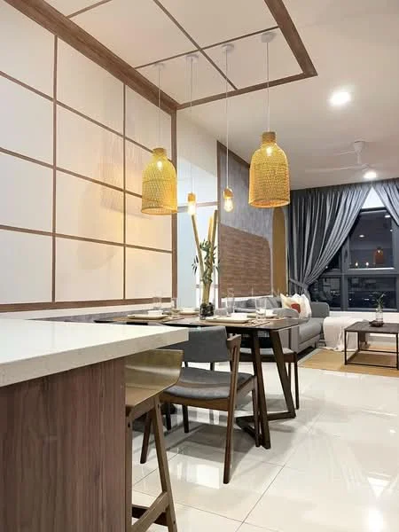 Dining features: white marble countertop, wooden dining table, 4 upholstered dining chairs, hanging rattan pendant lights, decorative wall with wood paneling, grey curtains, floor-to-ceiling windows, polished ceramic tile flooring; style: modern; view: city. Living features: sofa with cushions, coffee table, area rug, decorative plants, wall-mounted TV, light-colored accent wall; style: modern; view: city.