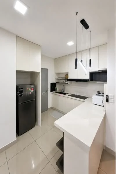 Kitchen features: white cabinetry, black countertop, stainless-steel fridge, built-in oven, ceramic tile flooring, recessed LED downlights, pendant lighting, single-bowl stainless-steel sink, chrome pull-down faucet, grey backsplash, kitchen island with seating, open shelving; style: modern.
