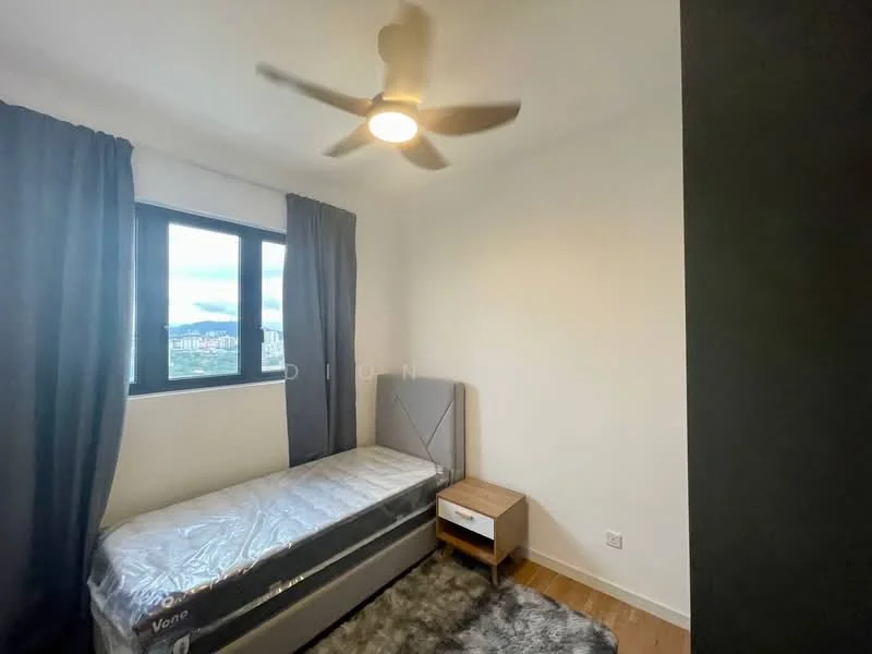 Bedroom features: single bed, grey upholstered headboard, nightstand with drawer, ceiling fan with light, floor-to-ceiling window, blackout curtains, wooden flooring, area rug with plush texture, white painted walls; style: modern; view: city.