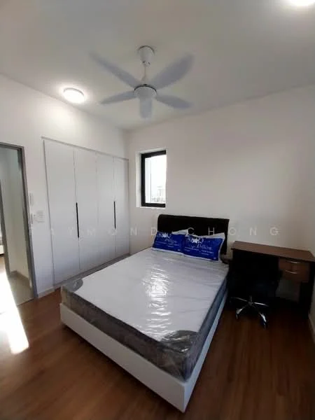 Bedroom features: queen-size bed with mattress, upholstered headboard, wooden flooring, white painted walls, ceiling fan, built-in wardrobe with sliding doors, desk with chair, window with natural light; style: modern.
