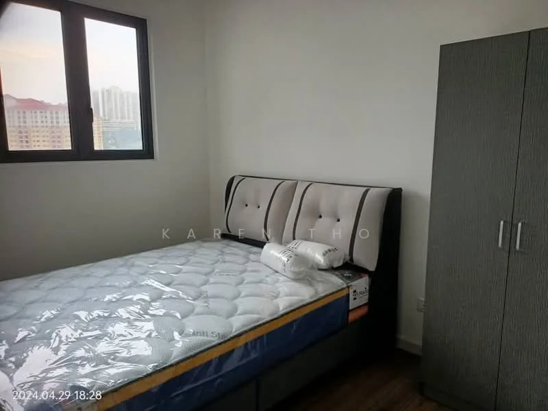 Bedroom features: queen-size bed, upholstered headboard, grey wardrobe, wooden flooring, window with city view, bedding with protective cover, decorative pillow; style: modern; view: city.