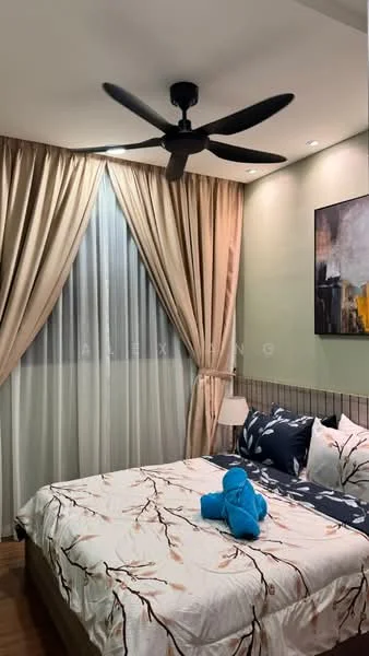 Bedroom features: queen-size bed with floral bedding, upholstered headboard, bedside table, 3-blade ceiling fan, floor-to-ceiling window, sheer curtains, decorative wall art, wooden flooring, wall-mounted light fixtures, throw pillows; style: modern.