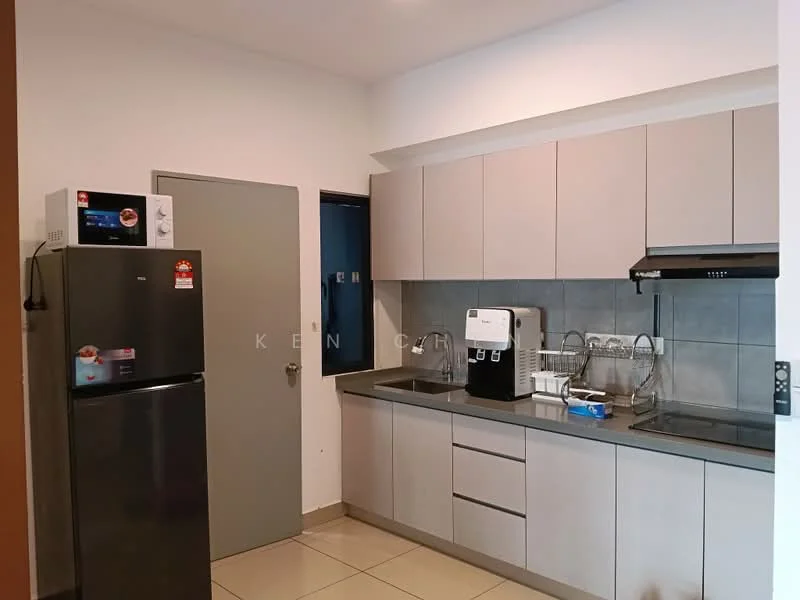 Kitchen features: stainless-steel fridge, built-in oven, stainless-steel range hood, grey cabinetry, white countertop, ceramic tile backsplash, kitchen sink, microwave, dish rack, wall-mounted shelves, floor tiles, under-cabinet lighting; style: modern.