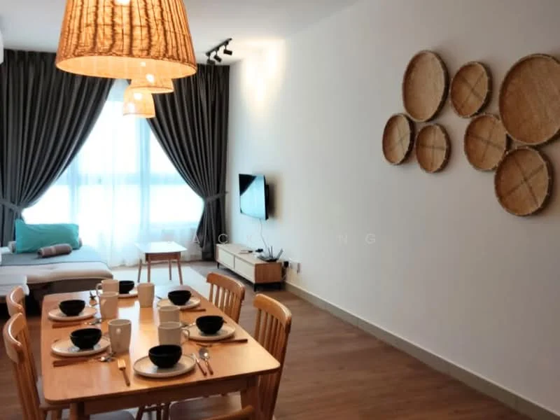 Dining features: wooden dining table, 4 wooden dining chairs, black ceramic bowls, cutlery, table set for four, wooden floor, decorative wall art, curtains, floor-to-ceiling windows, sofa in background, wall-mounted TV; style: modern.