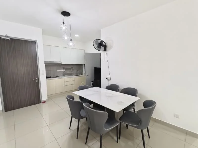 Dining features: 6-seater dining table with marble top, upholstered dining chairs in grey, pendant lighting with multiple bulbs, wall-mounted ceiling fan, white painted walls, glossy ceramic tile flooring, open layout to kitchen, recessed ceiling lights; style: modern. Kitchen features: white cabinetry, stainless-steel sink, built-in stove, refrigerator, countertop space, open shelving, grey backsplash, ceramic tile flooring; style: modern.