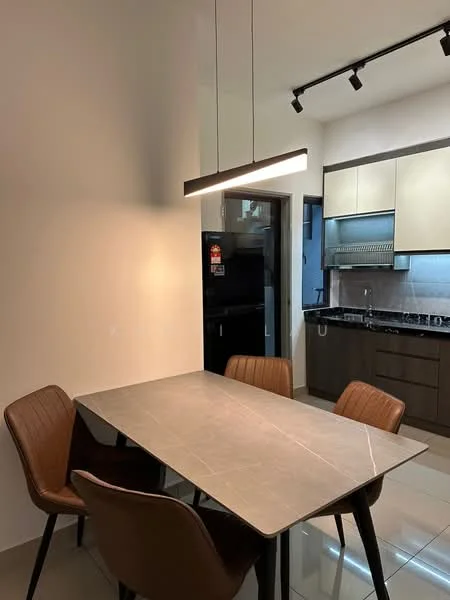 Dining features: rectangular dining table with marble top, 4 brown upholstered dining chairs, pendant light fixture, white painted walls, glossy tile flooring, black cabinetry, stainless-steel appliances visible in background, kitchen countertop with backsplash; style: modern.