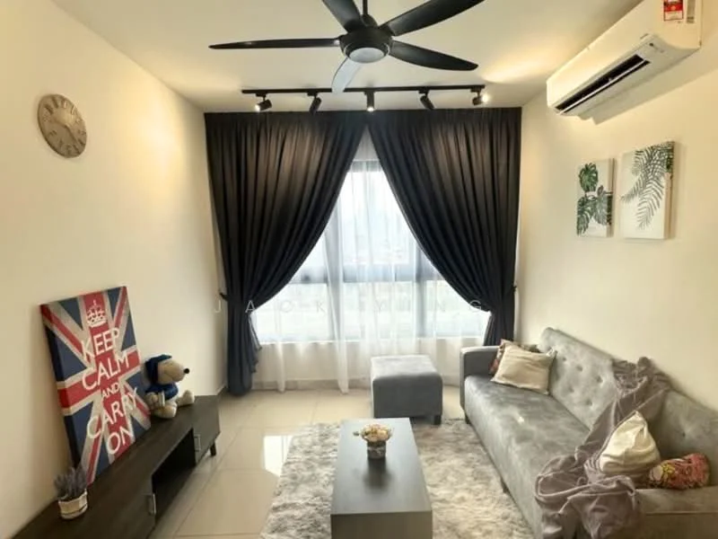 Living features: 5-blade ceiling fan with light, floor-to-ceiling windows, blackout curtains, grey fabric sofa, coffee table, decorative wall art, area rug with geometric pattern, wall clock, decorative plants, light-colored walls, tile flooring, air conditioning unit; style: modern; view: city.