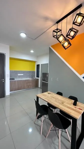 Dining features: dining table with wooden top, 4 black dining chairs, pendant light fixture with geometric design, grey accent wall, white walls, large window, tile flooring, open layout to kitchen; style: modern. Kitchen features: kitchen cabinets in wood finish, grey countertop, stainless-steel fridge, built-in oven, ceramic tile backsplash, yellow accent wall, single-bowl stainless-steel sink, chrome pull-down faucet, open shelving, tile flooring; style: modern.