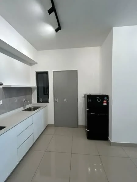 Kitchen features: white cabinetry, grey countertop, stainless-steel sink, chrome pull-down faucet, built-in oven, freestanding fridge, ceramic tile flooring, grey painted walls, track lighting, window with black frame, open shelving; style: modern.