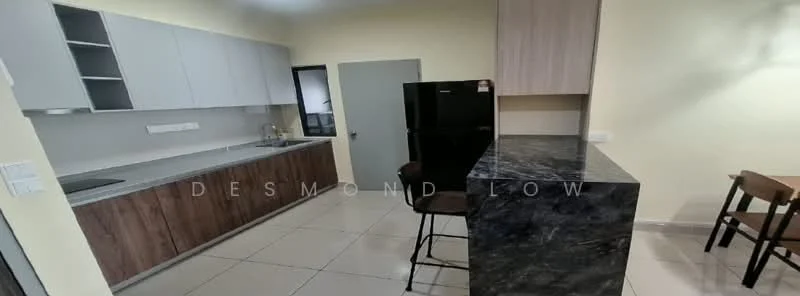 Kitchen features: L-shaped kitchen layout, grey laminate cabinetry, wood grain lower cabinets, black granite countertop, stainless-steel sink, single-bowl stainless-steel sink, built-in stove, black refrigerator, bar seating with high stools, white walls, tile flooring, wall-mounted cabinets, door to adjacent room; style: modern.