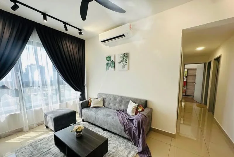 Living features: grey fabric sofa, coffee table, floor-to-ceiling windows, sheer curtains, blackout curtains, 5-blade ceiling fan, wall-mounted split AC, decorative wall art, tile flooring, area rug, throw pillows; style: modern; view: city.