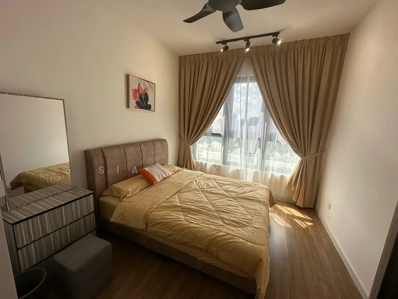 Bedroom features: queen-size bed with upholstered headboard, yellow bedspread, 2 decorative pillows, floor-to-ceiling window, sheer curtains, wooden flooring, ceiling fan with light, framed artwork on wall, nightstand with mirror, grey ottoman; style: modern; view: city.