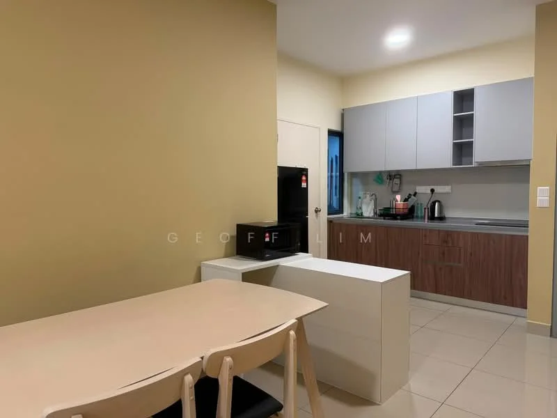 Kitchen features: light beige painted walls, grey upper cabinets, brown lower cabinets, stainless-steel sink, chrome pull-down faucet, built-in oven, microwave, black countertop, ceramic tile flooring, dining table with white surface, 4 dining chairs, refrigerator, window with natural light; style: modern.