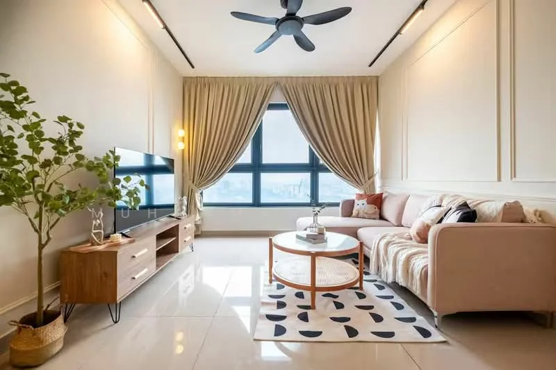 Living features: 3-seater fabric sofa in pink, coffee table with round top, TV console with wooden finish, wall-mounted TV, floor-to-ceiling windows, sheer curtains, 5-blade ceiling fan with light, area rug with geometric pattern, decorative wall paneling, plant in ceramic pot, decorative cushions; style: modern; view: city.