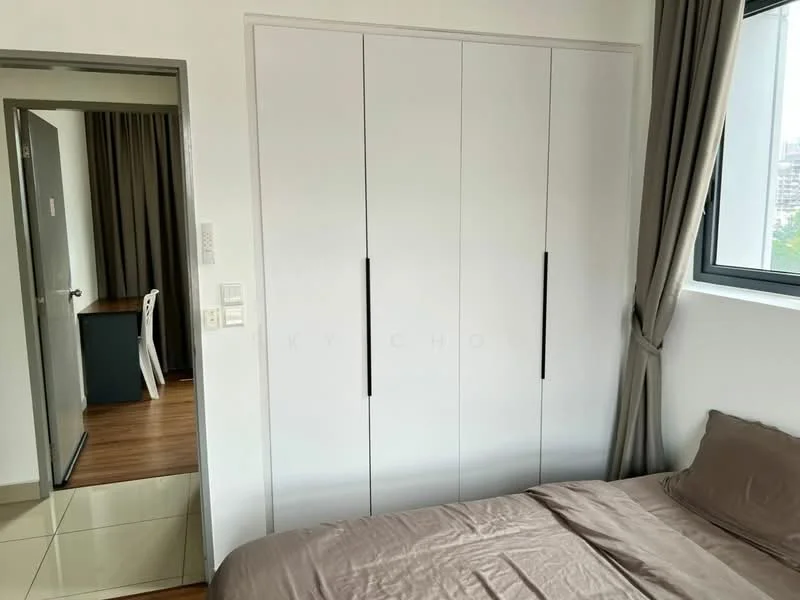 Bedroom features: queen-size bed with brown bedding, built-in wardrobe with sliding doors, floor-to-ceiling window, curtains, wooden flooring, neutral wall colour, decorative wall paneling, nightstand; style: modern; view: city. Room features: doorway leading to another room, light-coloured wall, wooden flooring.