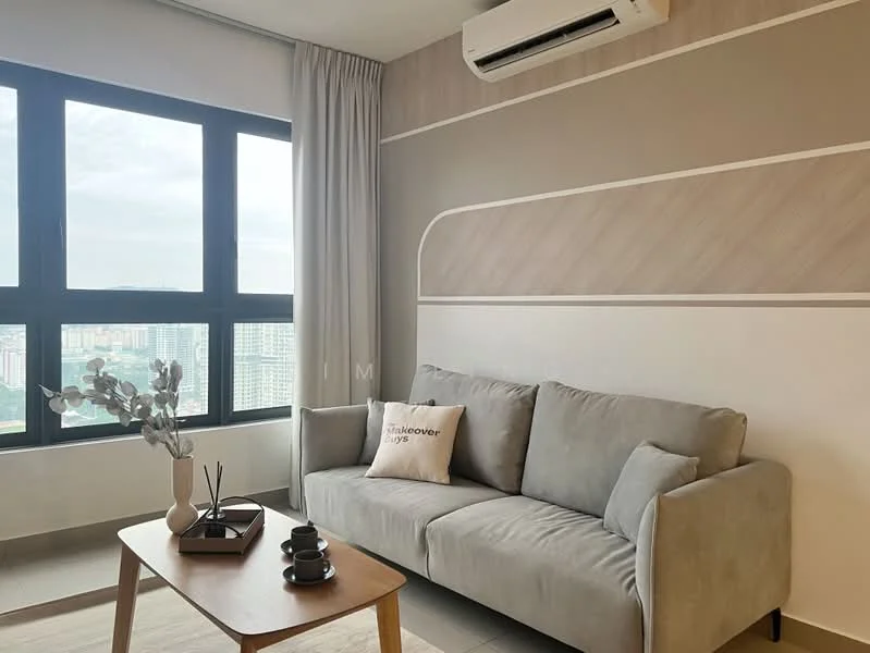 Living features: grey fabric sofa, wooden coffee table, decorative vase with flowers, 2 coffee cups on table, floor-to-ceiling windows, curtains, air conditioning unit, light-colored wall with geometric design, light-colored flooring; style: modern; view: city.