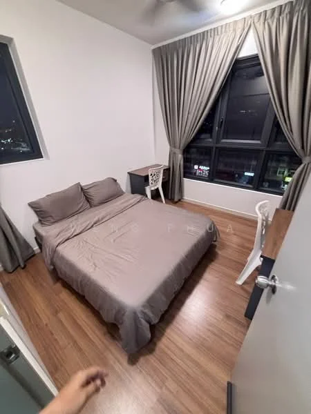 Bedroom features: queen-size bed with beige bedding, wooden flooring, white painted walls, floor-to-ceiling windows, grey curtains, study desk with white chair, ceiling fan, nightstand; style: modern; view: city.