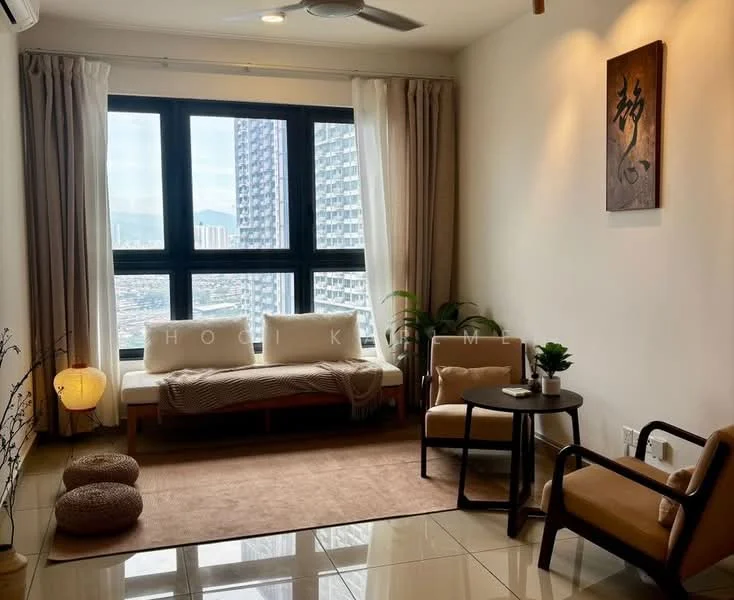 Living features: floor-to-ceiling windows, beige curtains, wooden sofa with cushions, round coffee table, two beige armchairs, decorative wall art, area rug, indoor plant, ceiling fan, tile flooring; style: modern; view: city.