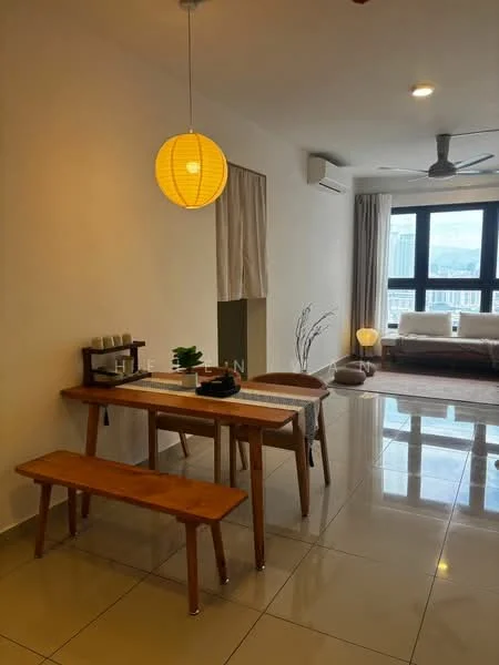 Dining features: wooden dining table, 4 wooden benches, pendant lamp, white walls, glossy tile flooring, floor-to-ceiling windows, curtains, ceiling fan, decorative plant, area rug, sofa in background; style: modern; view: city.