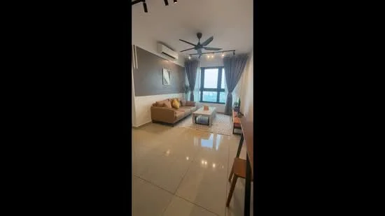 Living features: 3-seater fabric sofa in beige, coffee table, TV console, wall-mounted TV, area rug, 5-blade ceiling fan with light, floor-to-ceiling windows, curtains, polished tile flooring, wall-mounted air conditioning unit, decorative wall art, light fixtures with multiple bulbs; style: modern; view: city.