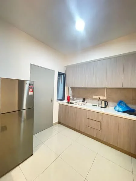 Kitchen features: stainless-steel fridge, white countertop, wood cabinetry, single-bowl stainless-steel sink, chrome pull-down faucet, built-in oven, ceramic tile flooring, recessed downlights, window with view, kettle, toaster, dishwasher; style: modern.