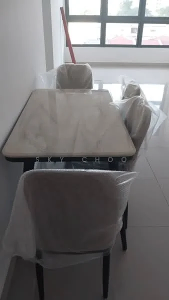 Dining features: marble dining table, 4 upholstered dining chairs, light-colored upholstery, black wooden legs on table, white walls, large windows, tile flooring, natural light; style: modern.