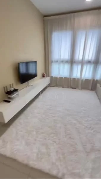 Bedroom features: white walls, light-colored flooring, large window with sheer curtains, wall-mounted TV, floating TV console, bed with white bedding, decorative items on console, soft area rug; style: modern.