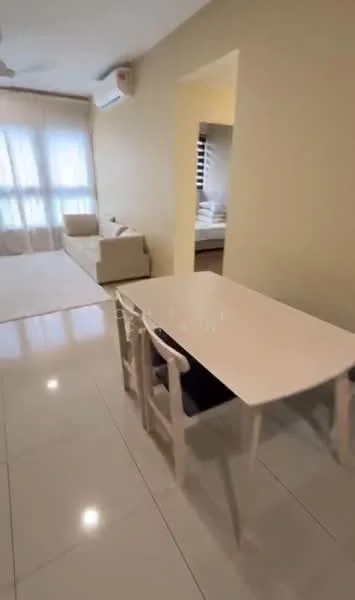 Dining features: white dining table, 4 white chairs, tile flooring, wall-mounted split AC, cream painted walls, large window with sheer curtains, area rug, light-colored sofa, neutral decor; style: modern. Living features: light-colored sofa, tile flooring, cream painted walls, large window with sheer curtains, decorative wall art; style: modern. Bedroom features: bed with bedding, window with blinds, neutral decor.