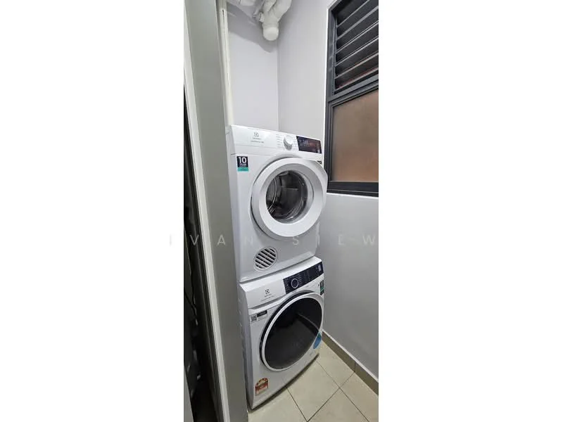 Laundry features: stacked front-load washing machine, front-load dryer, white appliances, tile flooring, grey walls, window with horizontal slats, ventilation duct, shelving above appliances; style: modern.